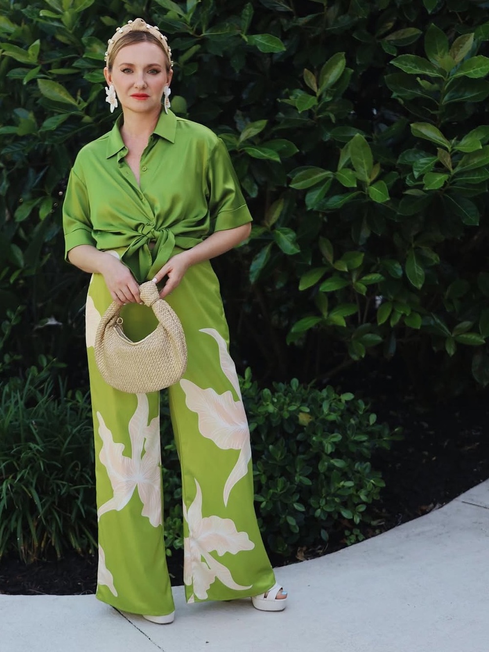 Stylewe Lime Green Floral Wide Leg Satin Pants
Size S